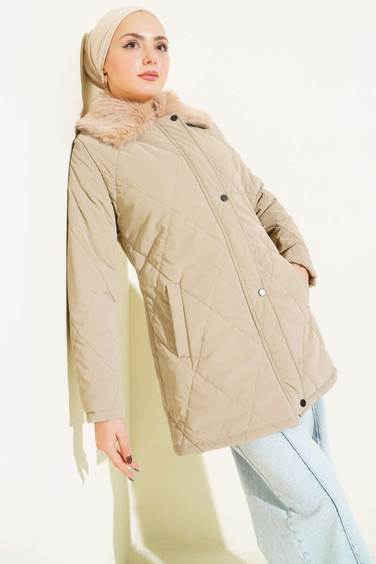 Kürk Yakalı Fermuarlı Kapitone Mont Vizon
