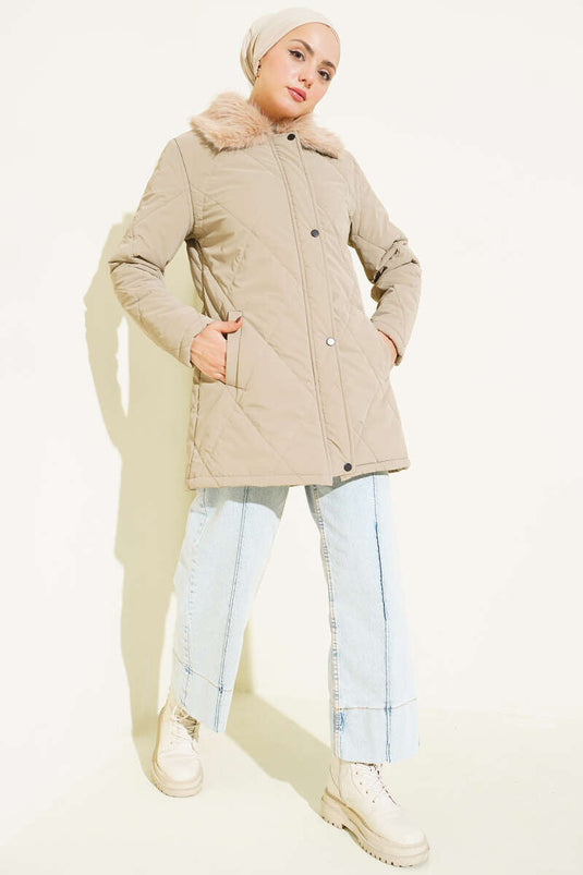 Kürk Yakalı Fermuarlı Kapitone Mont Vizon