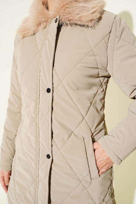 Kürk Yakalı Fermuarlı Kapitone Mont Vizon