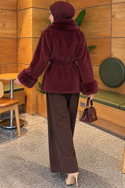 Bordeaux Angora Wollmantel Mit Gürtel Und Fellbesatz