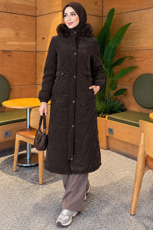 Manteau À Fermeture Éclair Et Fourrure Couleur Café Chaud