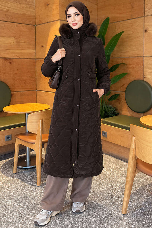 Manteau À Fermeture Éclair Et Fourrure Couleur Café Chaud