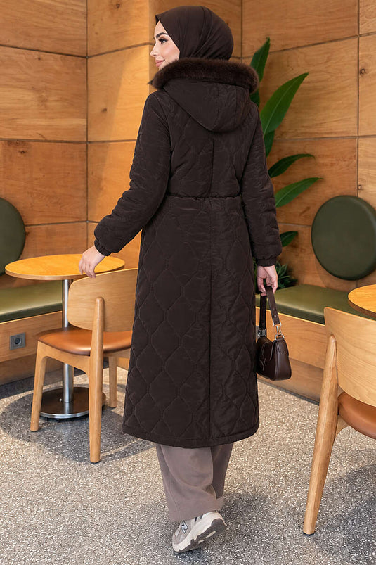 Manteau À Fermeture Éclair Et Fourrure Couleur Café Chaud