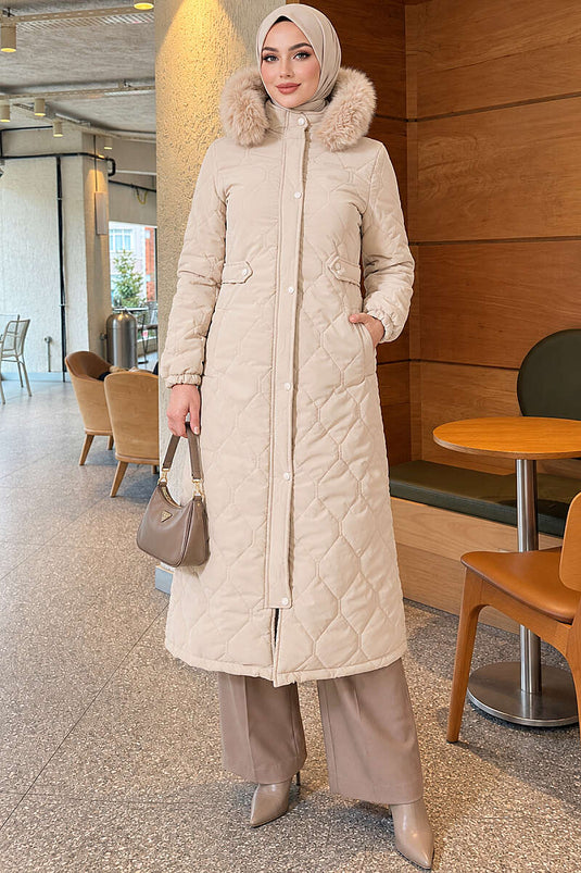 Chaqueta Beige Con Pelo Y Cierre De Cremallera