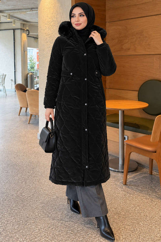 Manteau À Fermeture Éclair Et Détails En Fourrure Noire