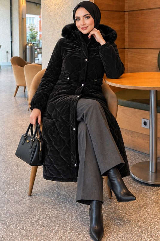 Manteau À Fermeture Éclair Et Détails En Fourrure Noire