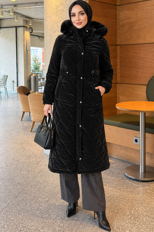 Manteau À Fermeture Éclair Et Détails En Fourrure Noire