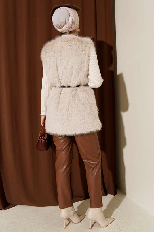 Fur-trimmed Belted Vest, Beige