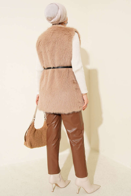 Kürklü Kemerli Yelek Camel