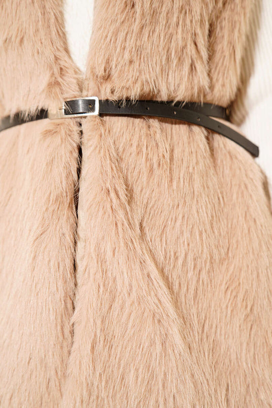 Kürklü Kemerli Yelek Camel