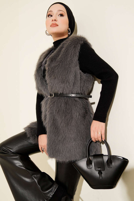 Kürklü Kemerli Yelek Füme