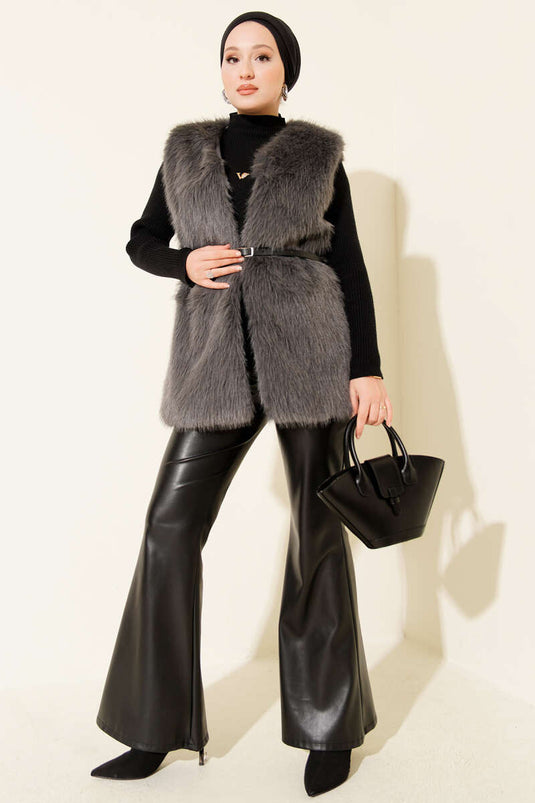 Kürklü Kemerli Yelek Füme