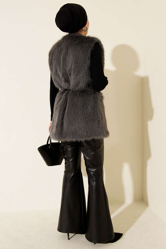 Kürklü Kemerli Yelek Füme