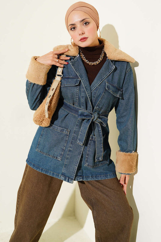 Denim Jacket with Fur Belt Detail, Blue
