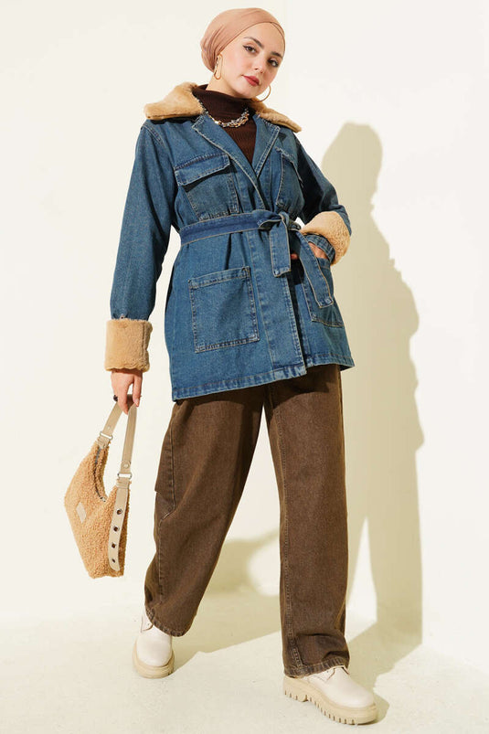 Denim Jacket with Fur Belt Detail, Blue