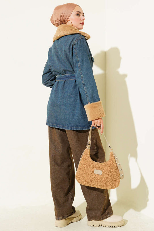 Denim Jacket with Fur Belt Detail, Blue