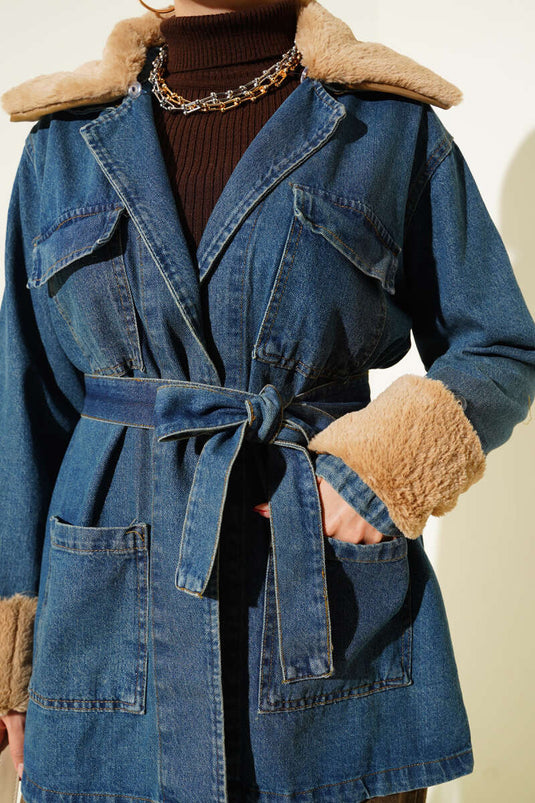 Denim Jacket with Fur Belt Detail, Blue