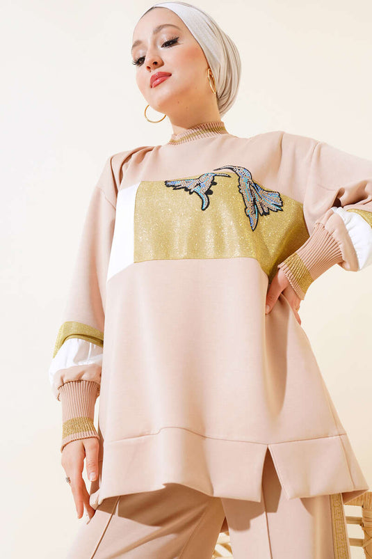 Bird Patterned Two-Piece Set Latte