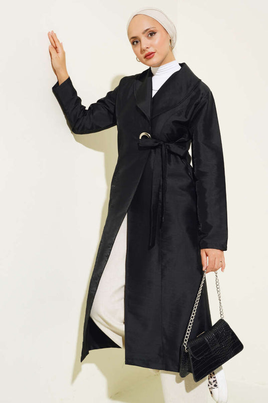 Bird-Eyed Belted Trench Coat Black