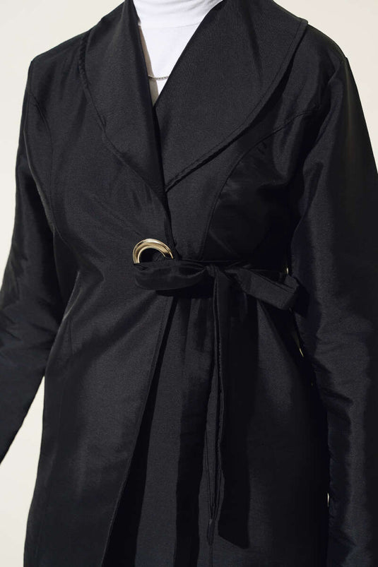 Kuş Gözlü Kuşaklı Trençkot Siyah