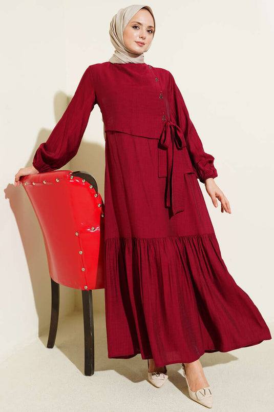 Eyelet Detail Tie-Waist Dress Burgundy