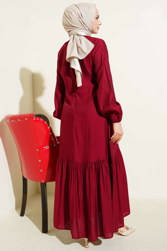 Eyelet Detail Tie-Waist Dress Burgundy