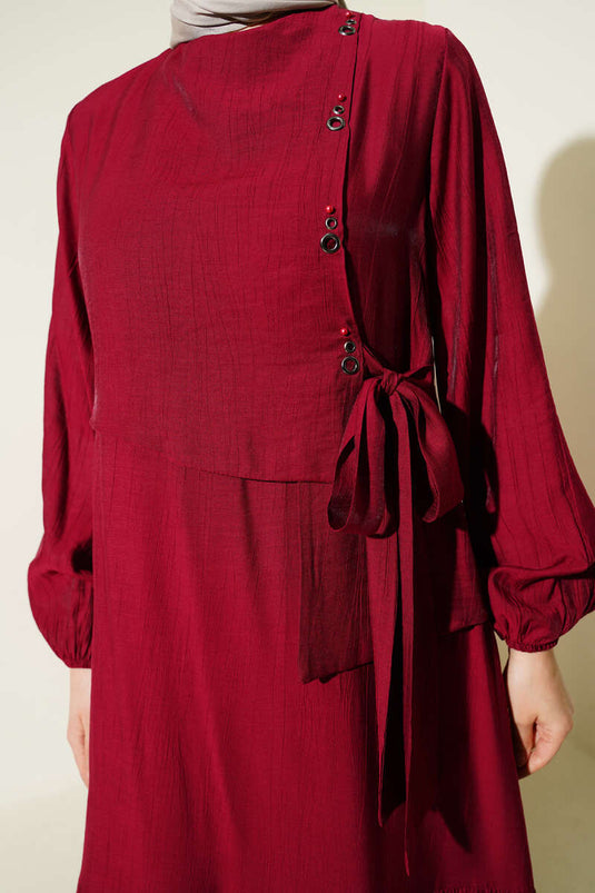 Eyelet Detail Tie-Waist Dress Burgundy
