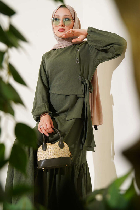 Kuş Gözü Detaylı Bağlamalı Elbise Haki