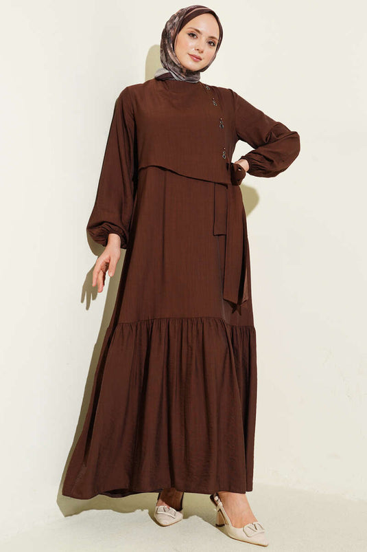 Kuş Gözü Detail Gebonden Jurk Koffie