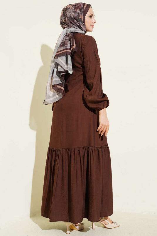 Kuş Gözü Detail Gebonden Jurk Koffie