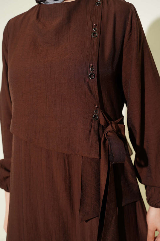 Kuş Gözü Detail Gebonden Jurk Koffie