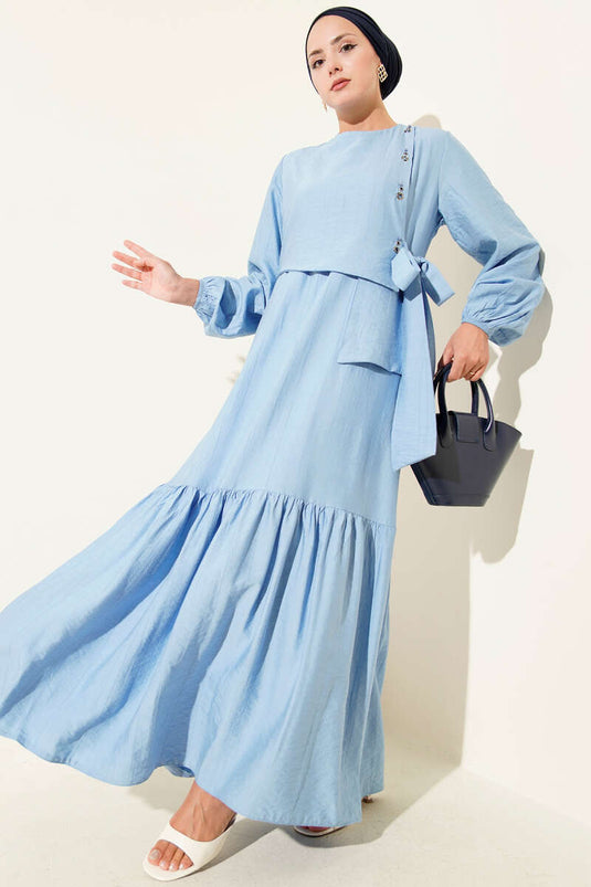 Eyelet Detailed Tie-Up Dress in Blue