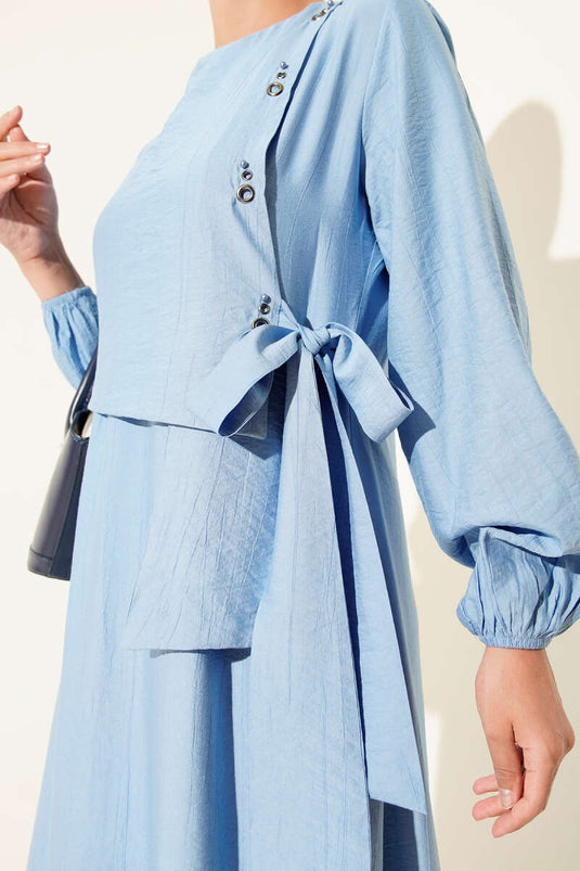 Eyelet Detailed Tie-Up Dress in Blue