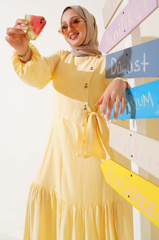 Eyelet Detailed Tie Dress Yellow