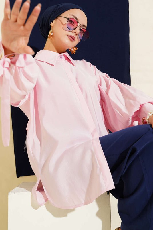 Pink Balloon Sleeve Shirt with Bird's Eye Detail
