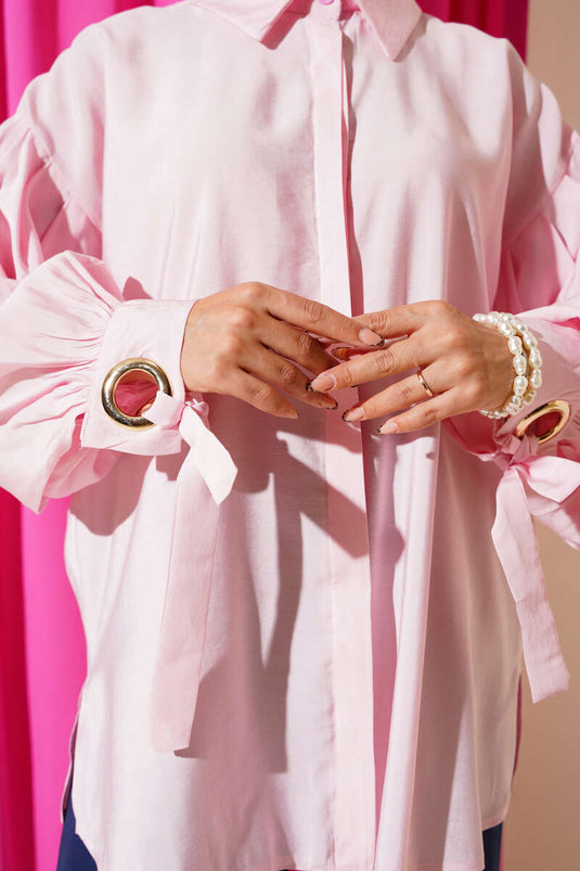 Pink Balloon Sleeve Shirt with Bird's Eye Detail