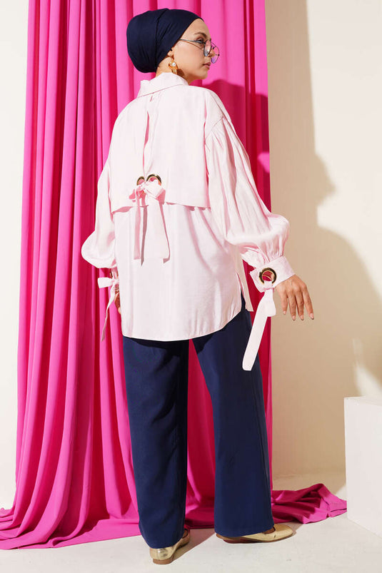 Pink Balloon Sleeve Shirt With Bird's Eye Detail