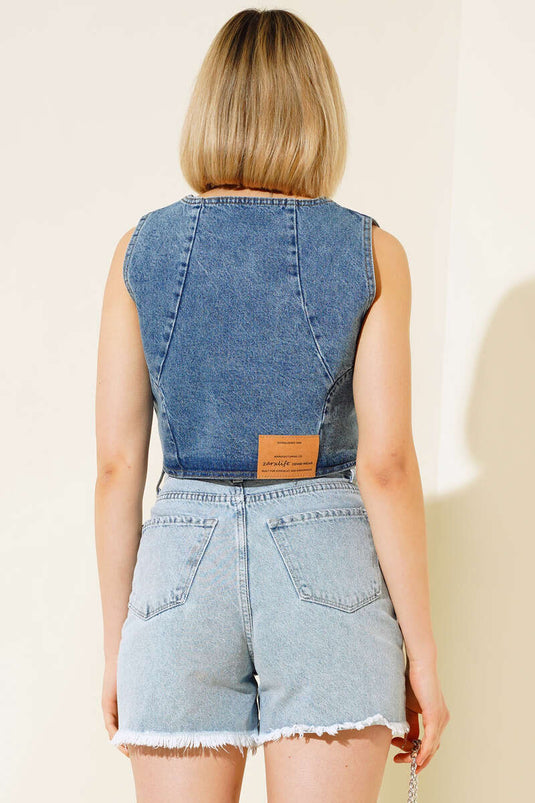 Eyelet Detailed Denim Crop Snow Wash