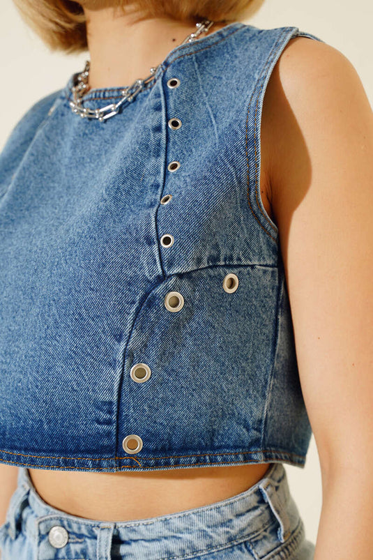 Eyelet Detailed Denim Crop Snow Wash