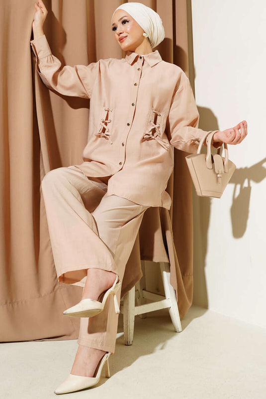 Kuş Gözü Detaylı Tunik İkili Takım Camel