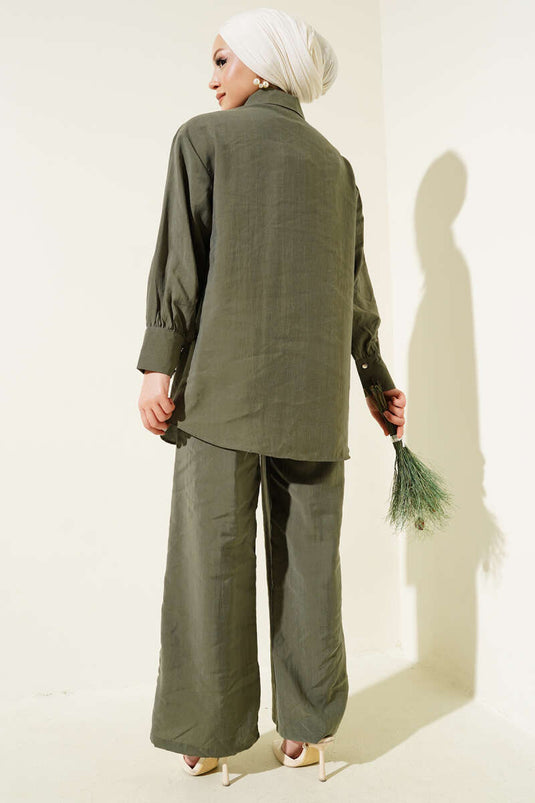 Kuş Gözü Detaylı Tunik İkili Takım Haki