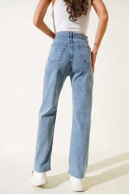 بنطال جينز مزين بحجر عين الطائر، لون أبيض ثلجي