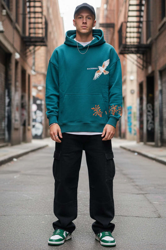 Herentrui met kap en vogelborduursel, petrolkleurig