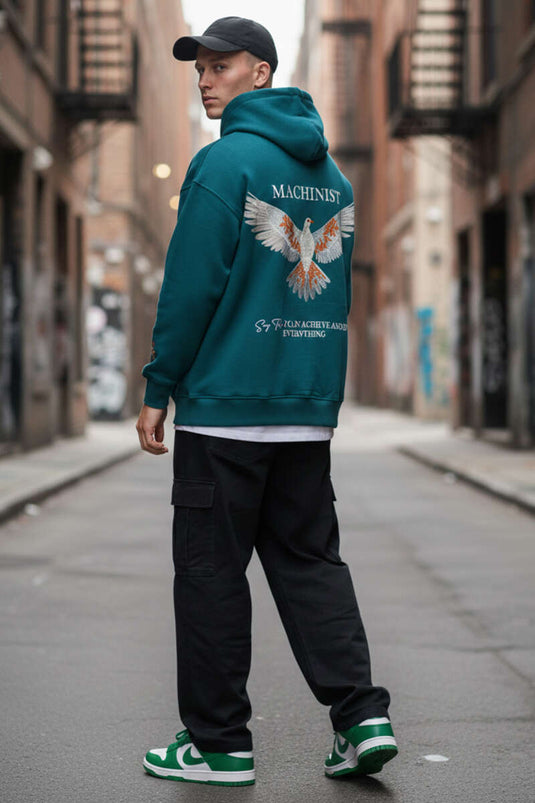 Herentrui met kap en vogelborduursel, petrolkleurig