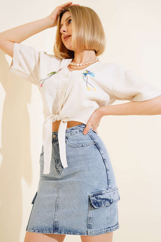 Bird Embroidered Tie-Down Shirt Beige