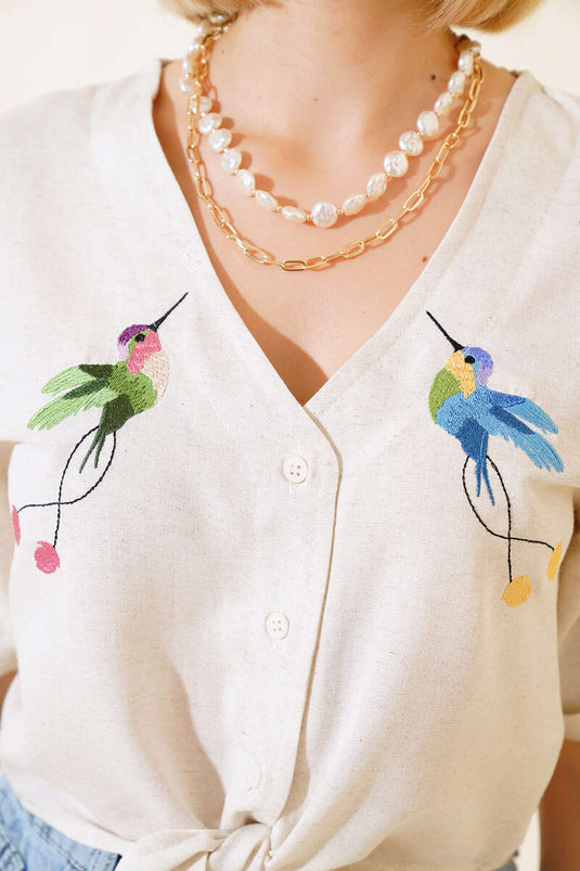 Bird Embroidered Tie-Down Shirt Beige