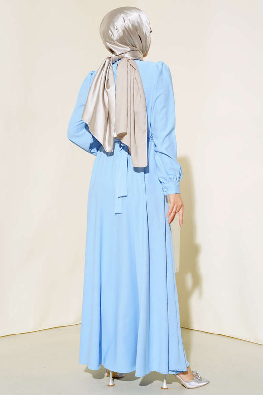 Kuşağı Taşlı Elbise Mavi