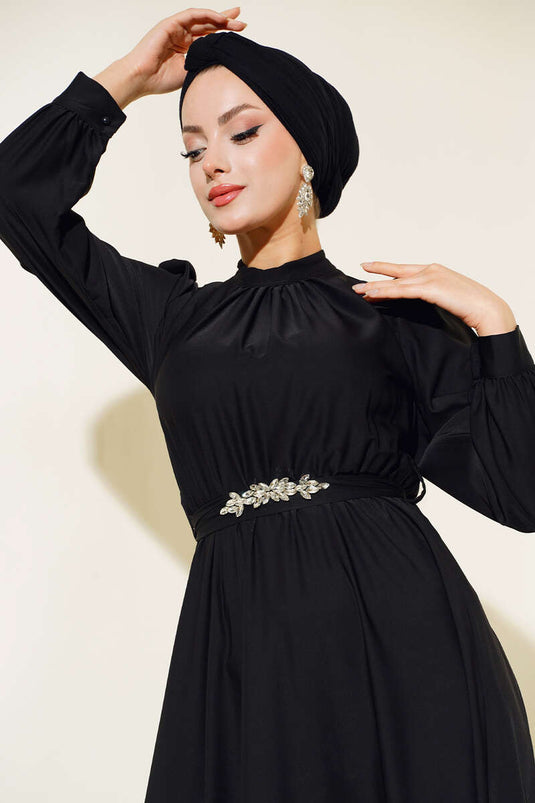 Kuşağı Taşlı Elbise Siyah