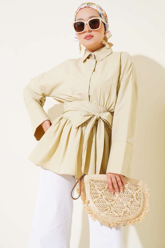 تونيك بحزام ونصف أزرار باللون الليموني