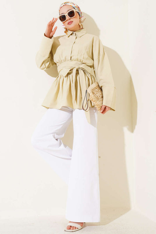 تونيك بحزام ونصف أزرار باللون الليموني